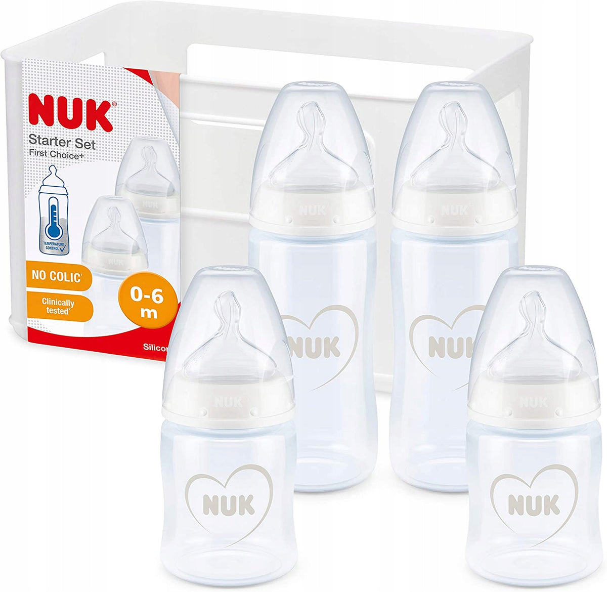 NUK súprava NO COLIC, 4 fľaše, košík, KONTROLA TEPLOTY