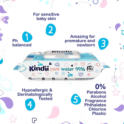 KINDII Pure Water 99 vlhčené obrúsky s vodou x60