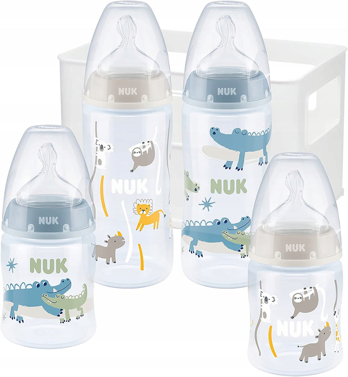 NUK First Choice+ set includes 2 bottles 150 ml (S teats), 2 bottles 300 ml (M teats) and a basket