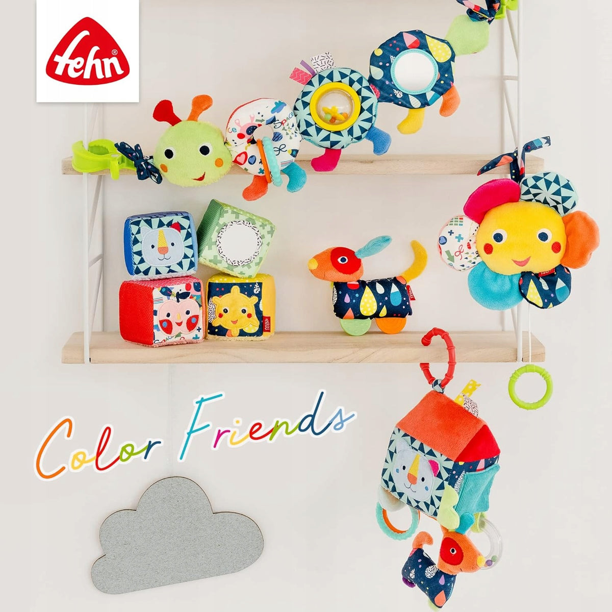 FEHN Color Friends húsenica puzzle na suchý zips SENZORICKÁ 36 cm