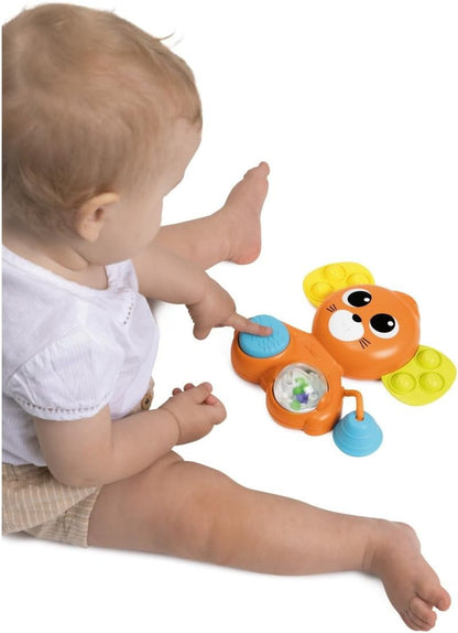 CHICCO senzorická myška s hrkálkou a pískatkom Pop It 18 x 19 cm