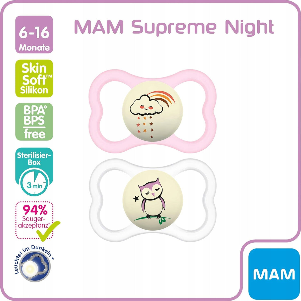 MAM SUPREME NIGHT silikónový cumlík 6-16 mesiacov