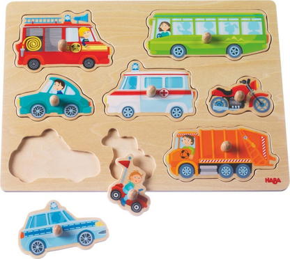HABA drevené vkladacie puzzle 8 dielikov 21 x 30 cm VOZIDLÁ