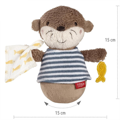 FEHN bábika na pružine VYDRA, neprevrátiteľná hračka s hrkálkou, 15 cm