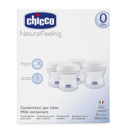 CHICCO nádoby na mlieko 4 x 150 ml + cumlík s uzáverom