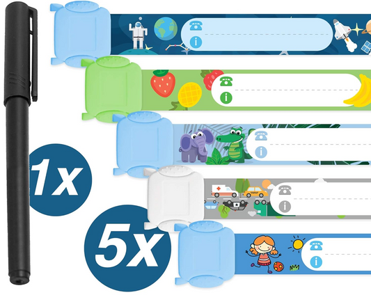 TAMPEN wasserdichte SOS-Armbänder für Kinder 5 Stück + Filzstift