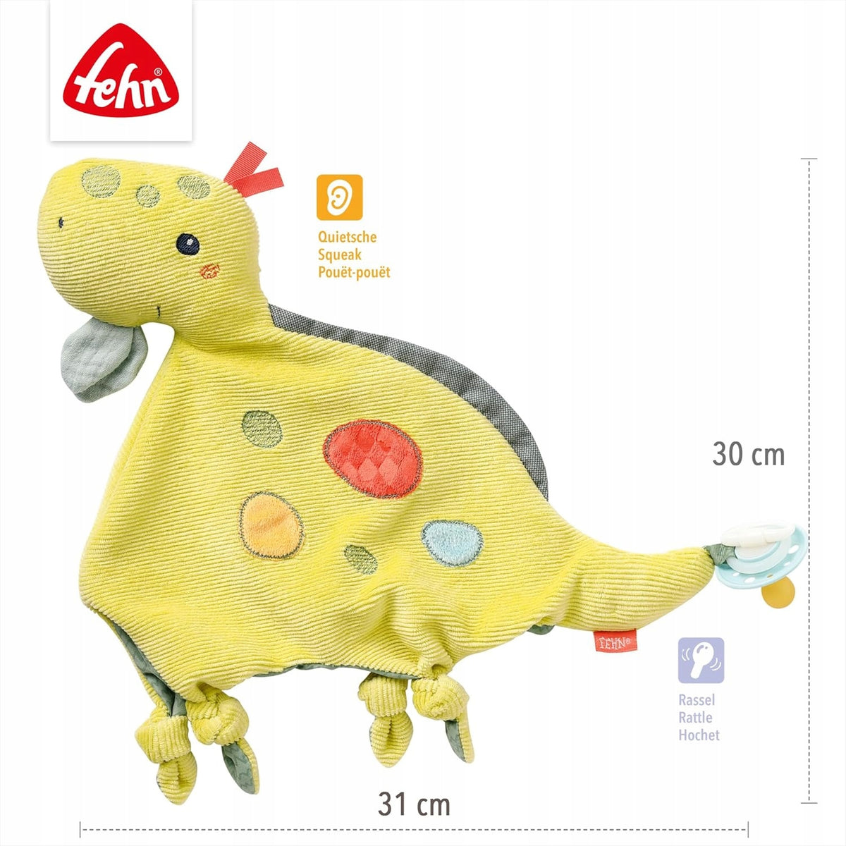FEHN Happy Dino mojkáč DINOSAURUS 30 cm s držiakom na cumlík