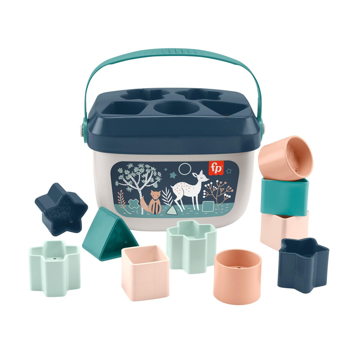 Fisher-Price Pierwsze Klocki HJP20: kremowe wiaderko z granatową pokrywką oraz kolorowe klocki do sortowania, widok zestawu.