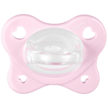 Różowy smoczek Chicco PhysioForma Dual Soft widziany z przodu, z przezroczystą końcówką i otworami w tarczce.